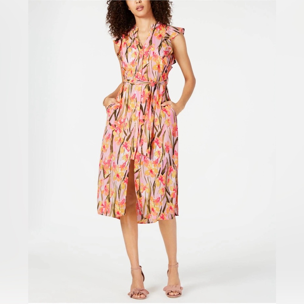 Maison Jules Dress Long Button Down Split Hem Floral Pink Size Small NWOT